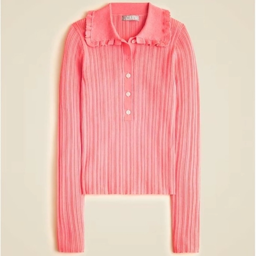 J Crew Pink Ruffle-Collar Ribbed Coquette Style Merino wool sweater Size Medium